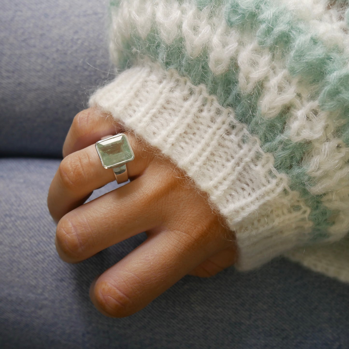 Pale Green Aquamarine Square Cinderella Ring