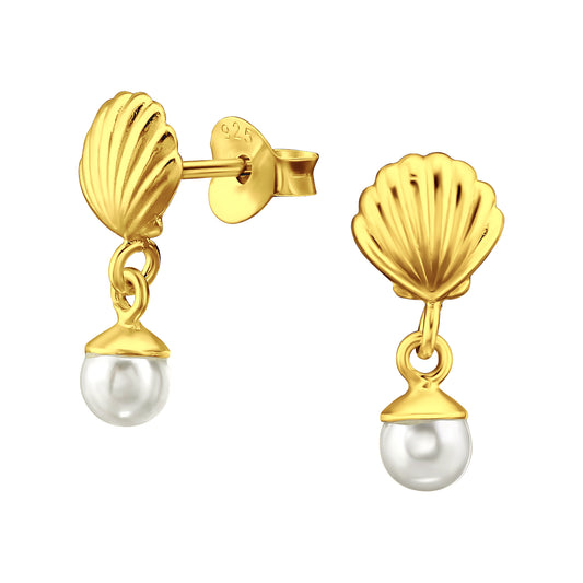 Scallop Pearl Stud Drop Earrings, 24ct Gold Plated